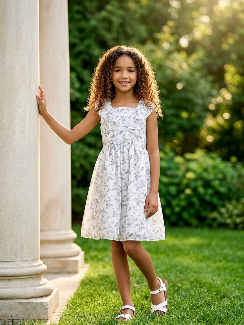 NWT Pippa & Julie Cream Kids Dress - Blue Flowers ~sz 14